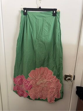 FARM Rio Green Maxi Skirt with Pink Floral Appliqués